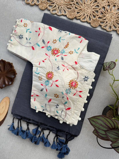 Beauty- Gray Handloom Cotton Saree With Havy Embroidery Stitched Blouse