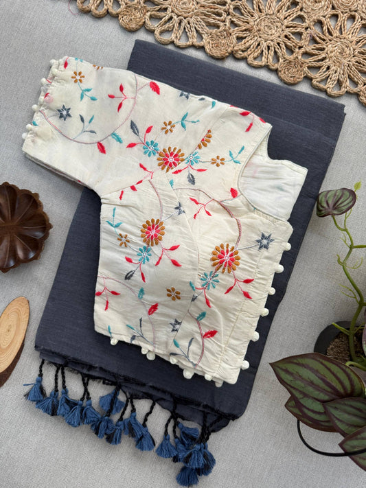 Beauty- Gray Handloom Cotton Saree With Havy Embroidery Stitched Blouse