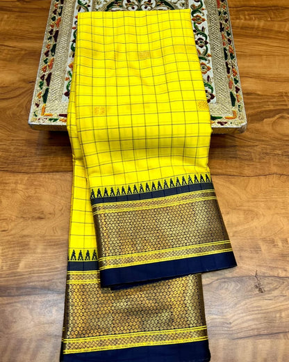 Exclusive Yellow & Black Chex Woven Cotton Silk Saree With Gold Zari Waving Work