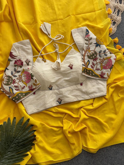 Dharma Exclusive - Yellow Handloom Cotton Saree With Havy Embroidery Stitched Blouse