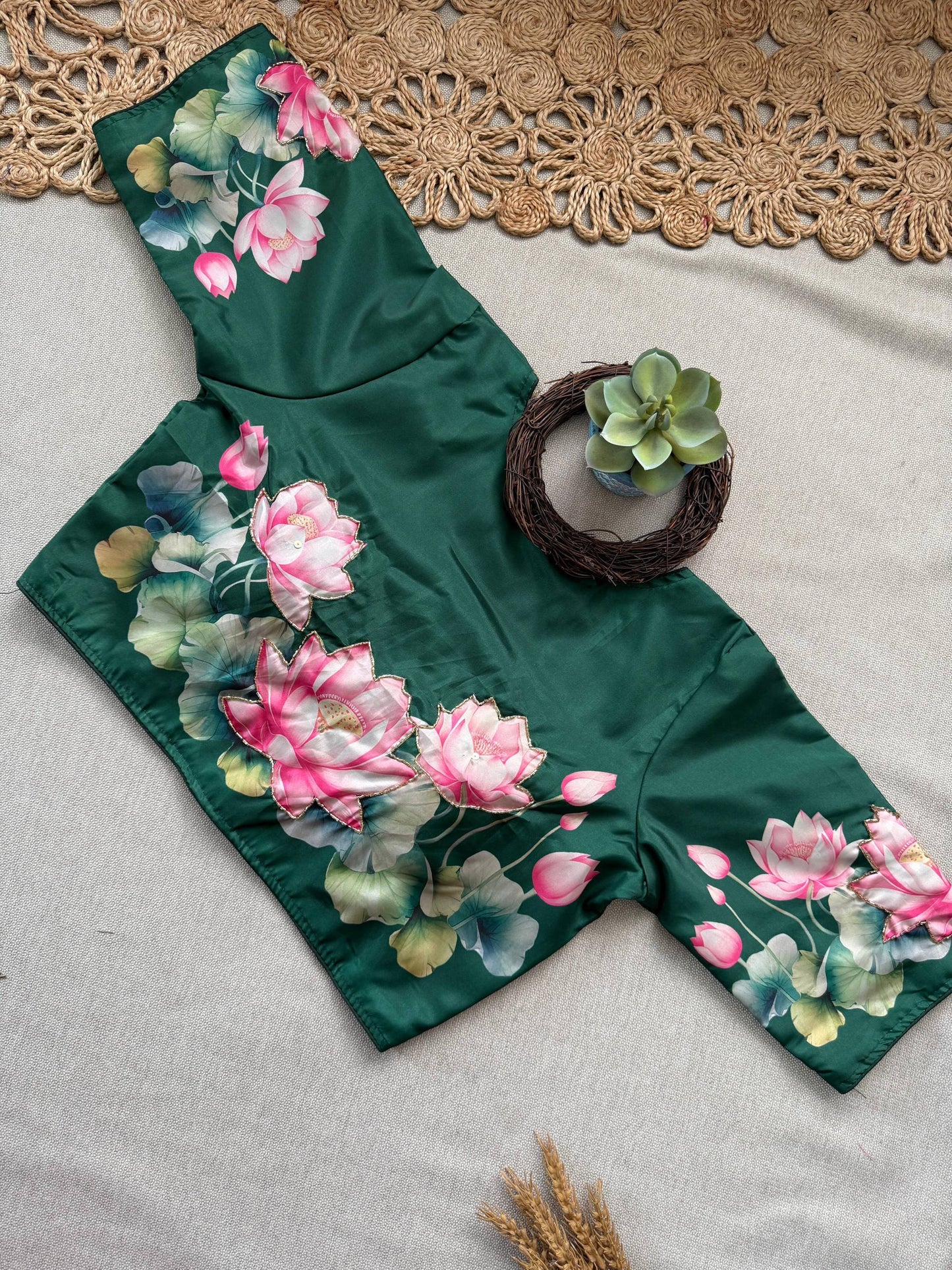 Butter Scotch - Parrot Handloom Cotton Saree With Havy Handwork Stitched Blouse