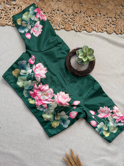 Butter Scotch - Parrot Handloom Cotton Saree With Havy Handwork Stitched Blouse