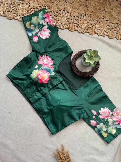 Butter Scotch - Parrot Handloom Cotton Saree With Havy Handwork Stitched Blouse