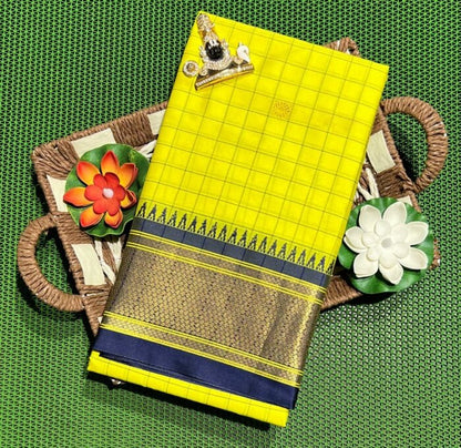 Exclusive Yellow & Black Chex Woven Cotton Silk Saree With Gold Zari Waving Work