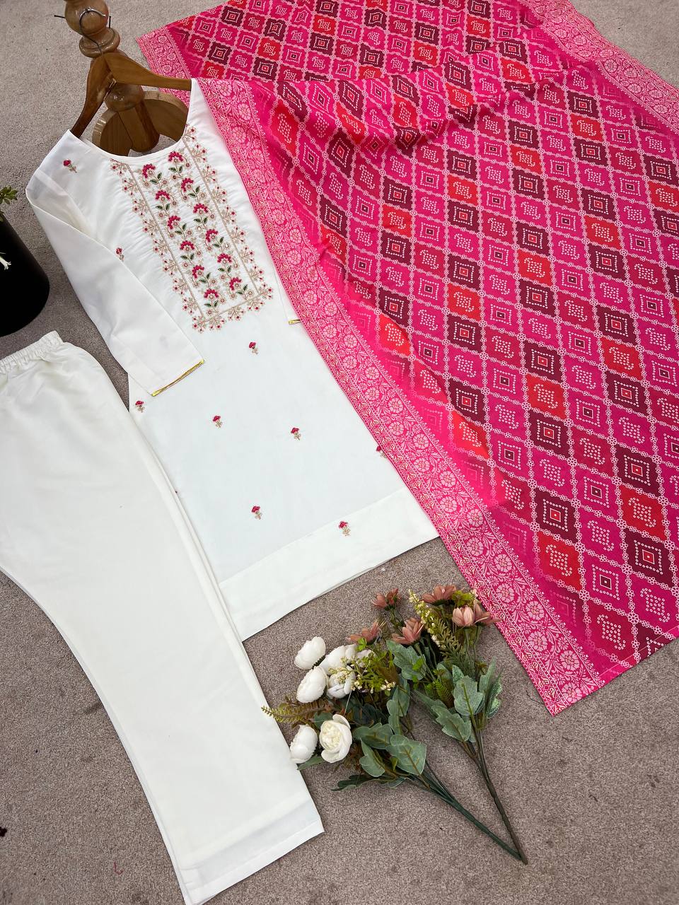 Elegant Cream Roman Silk Embroidered Suit Set with Banarasi Dupatta
