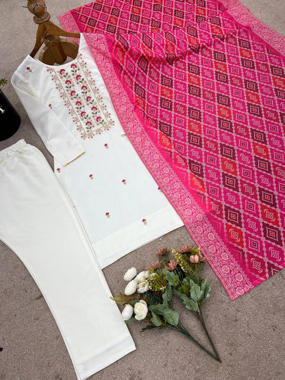 Elegant Cream Roman Silk Embroidered Suit Set with Banarasi Dupatta