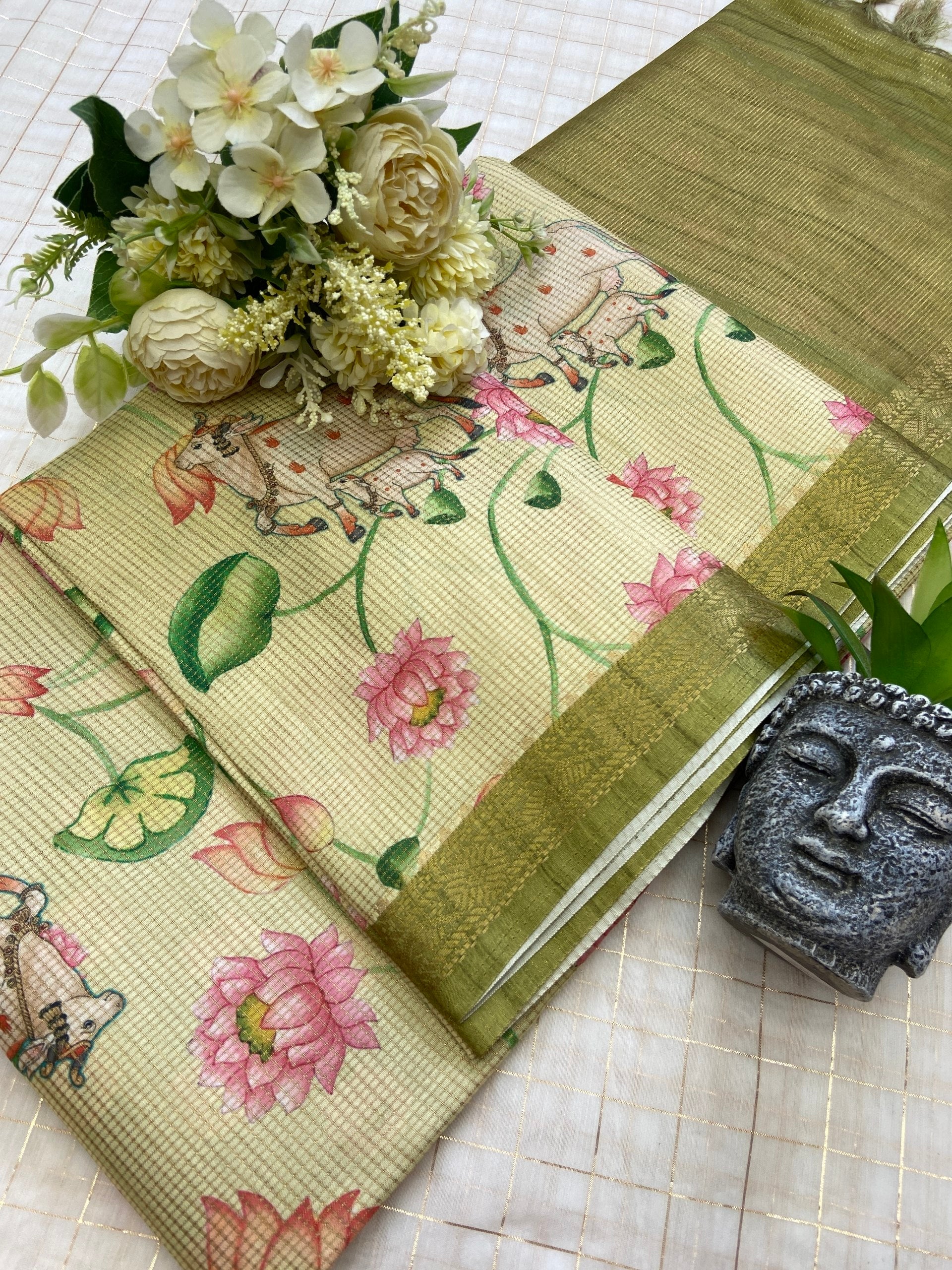 Vedika - Light Yellow Pichwai Print Soft Tussar Silk Saree