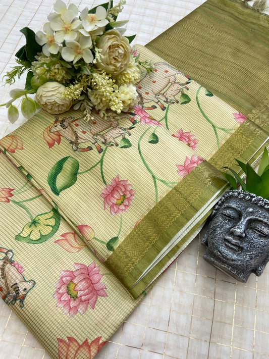 Vedika - Light Yellow Pichwai Print Soft Tussar Silk Saree