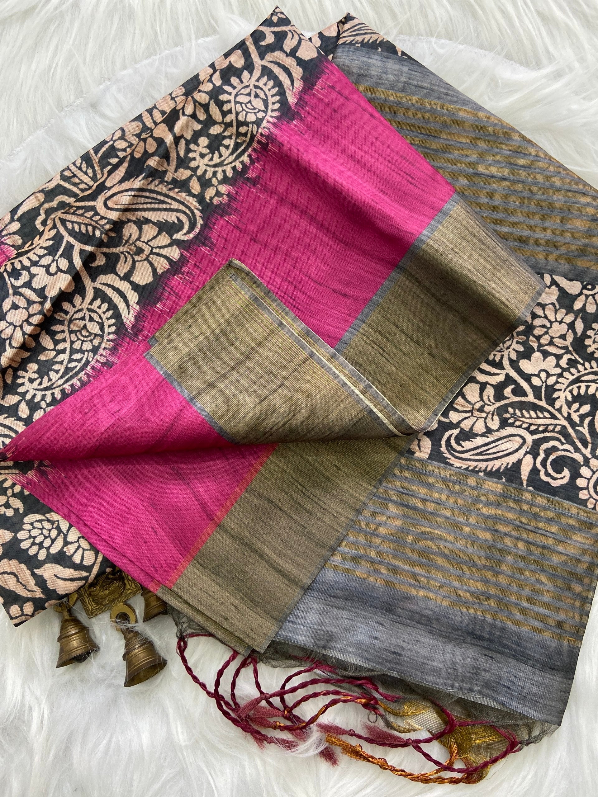 Yamini Pink Soft Tussar Silk Saree with Kalamkari Block Prints