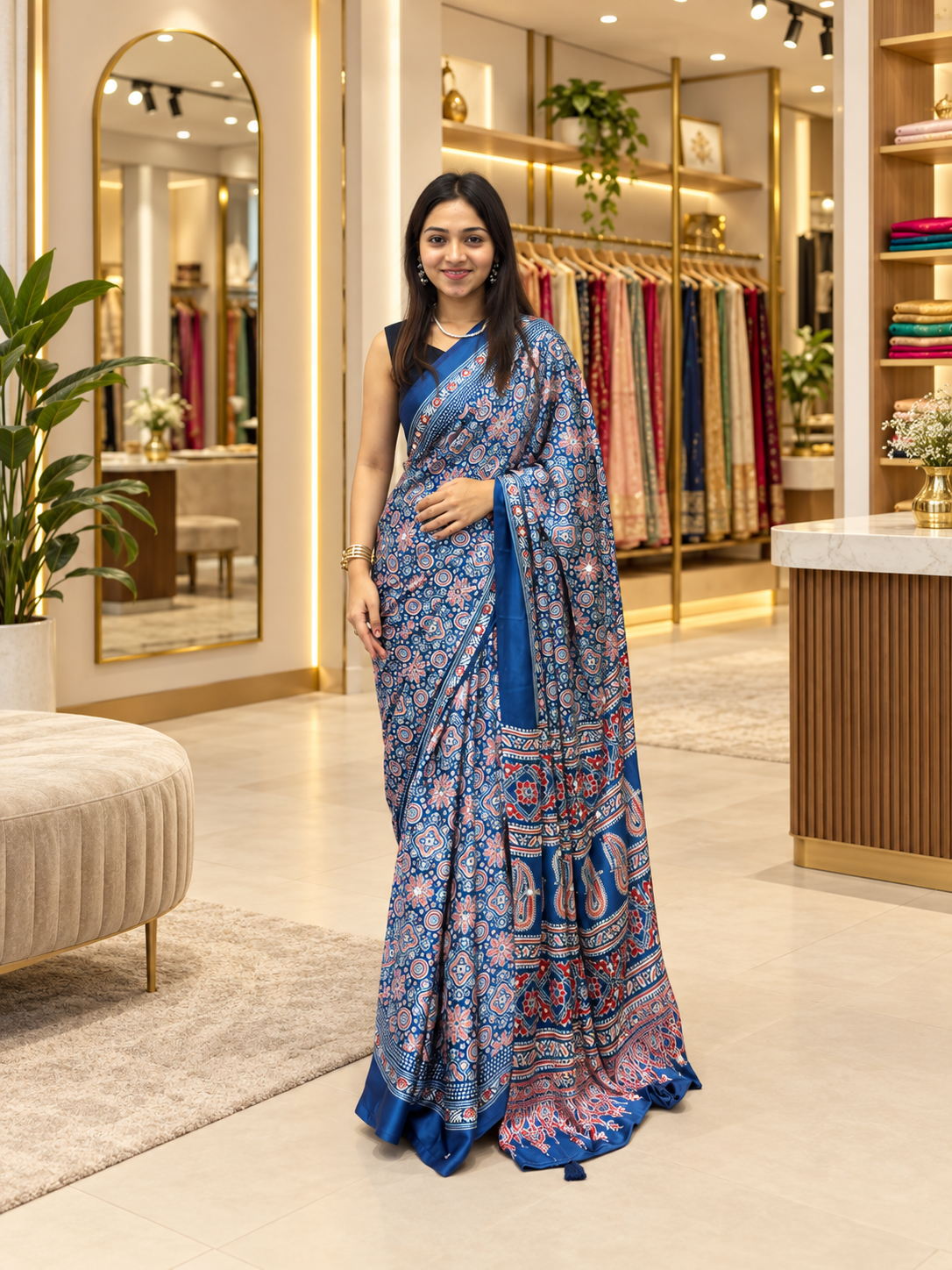 Beautiful Rama Ajrakh Printed Japan Silk Saree with Elegant Pallu