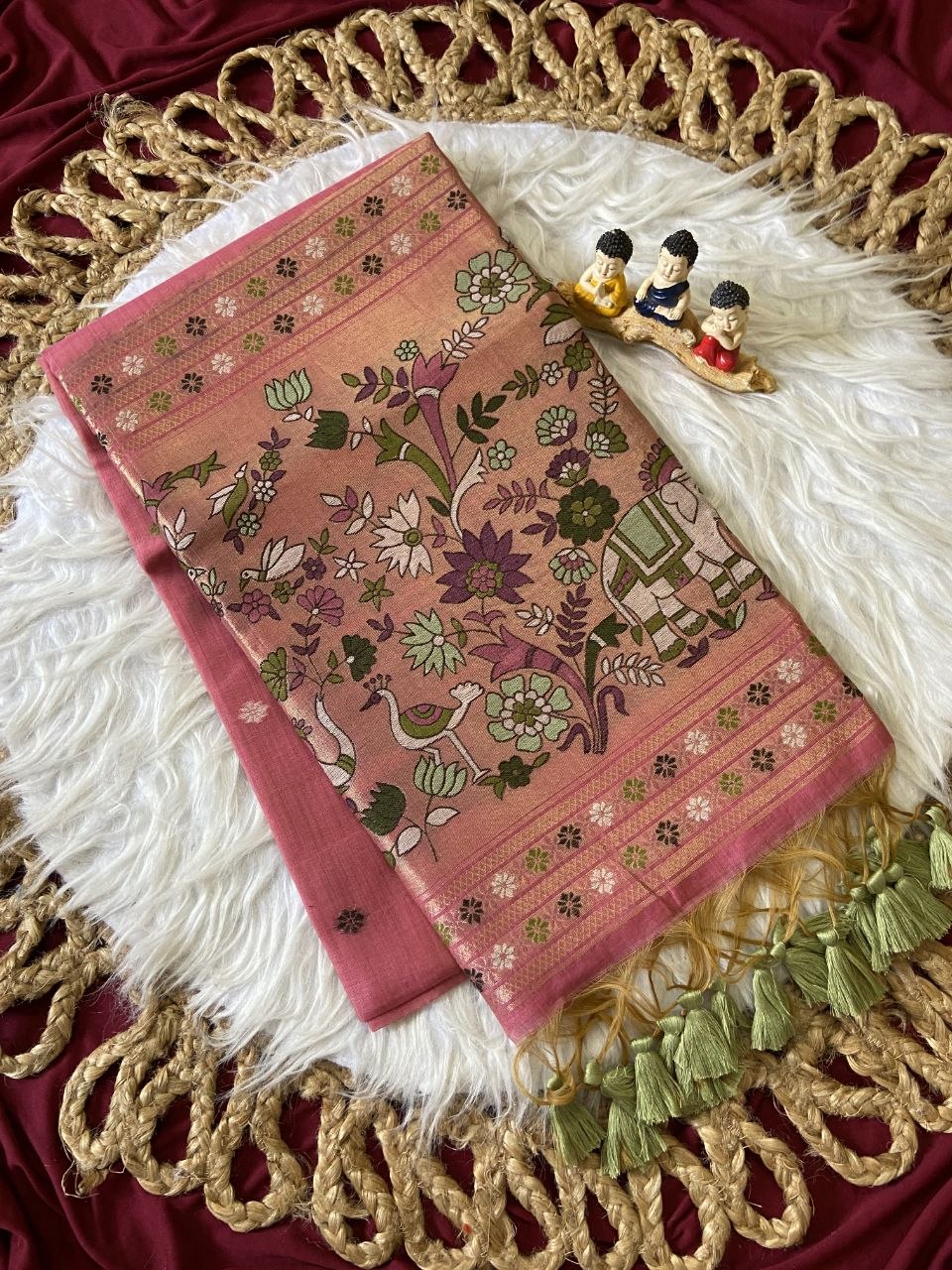 Traditional Rose Pink Soft Muga Cotton Paithani Saree with 3D Woven Elephant Pallu