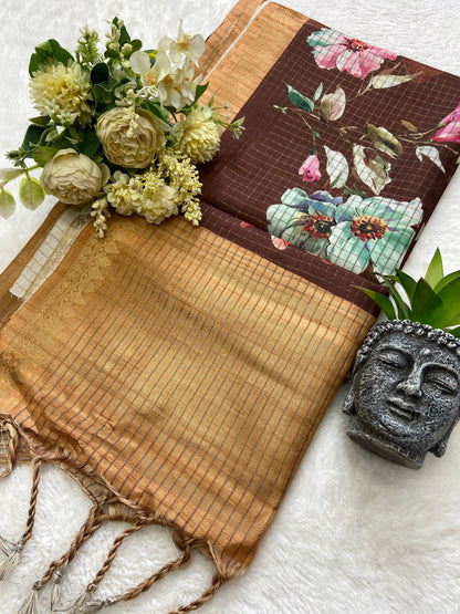 Mridula Coffee-Gold Floral Print Soft Tussar Silk Saree