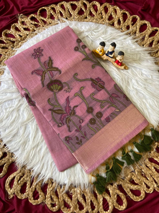 Ridhima - Dusty Pink Resham Woven Soft Muga Cotton Saree