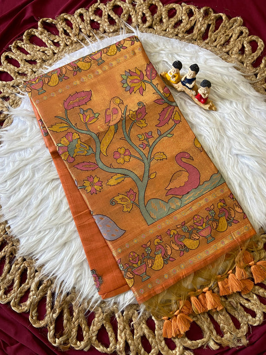 Anvika - Sunset Orange Soft Muga Cotton Paithani Saree