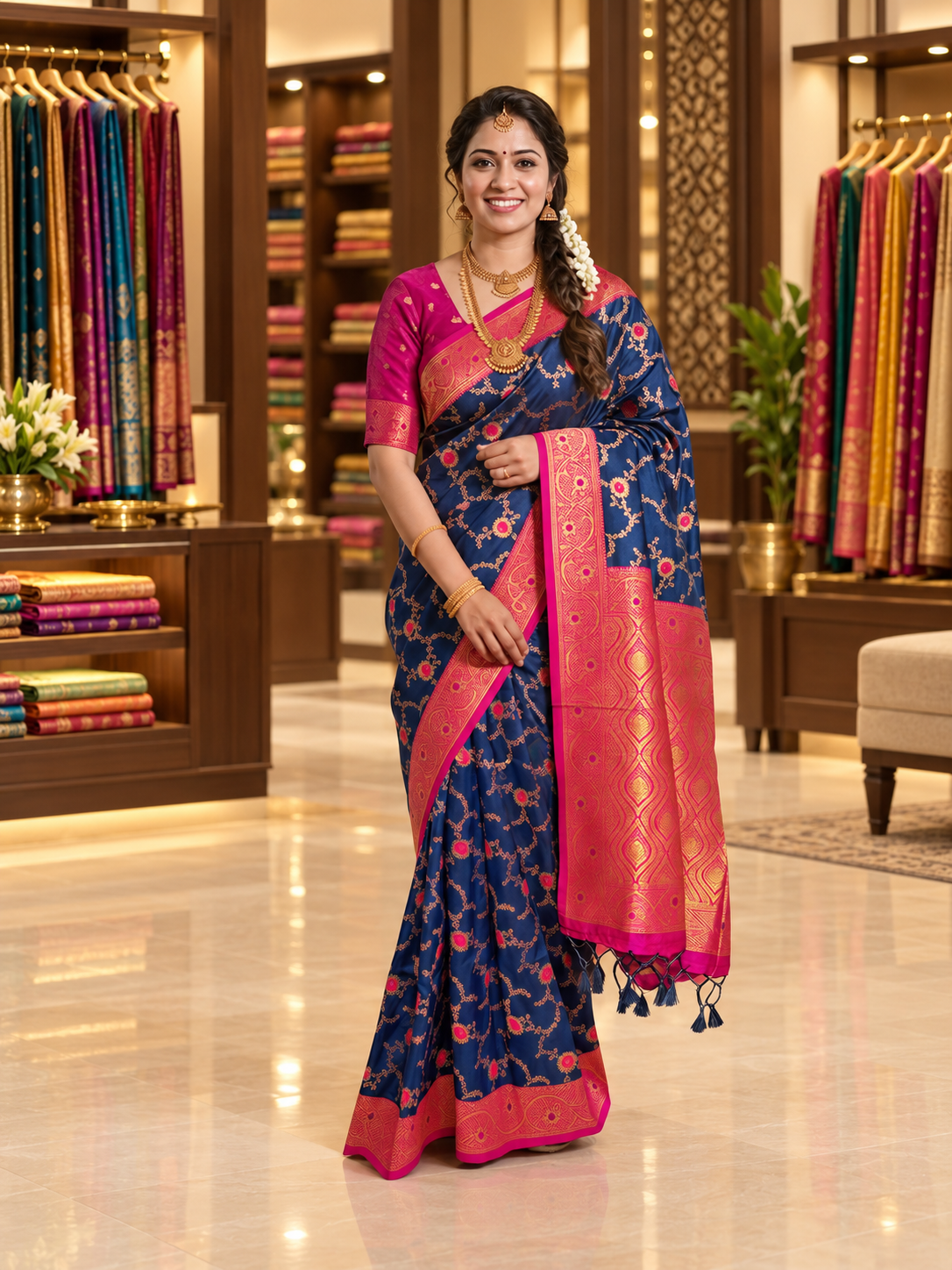Aadhira Navy Blue Royal Paithani Silk Saree with Exquisite Golden Zari Weaving