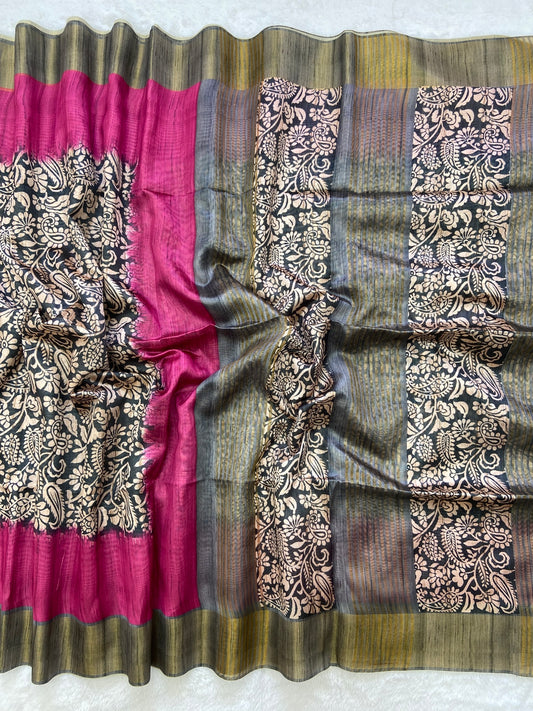 Yamini Pink Soft Tussar Silk Saree with Kalamkari Block Prints
