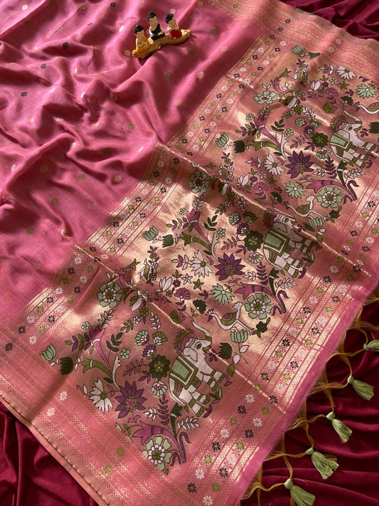 Traditional Rose Pink Soft Muga Cotton Paithani Saree with 3D Woven Elephant Pallu