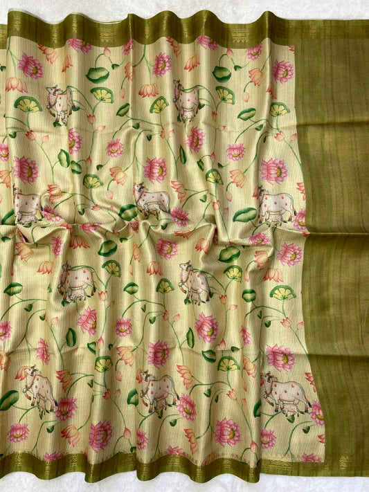 Vedika - Light Yellow Pichwai Print Soft Tussar Silk Saree