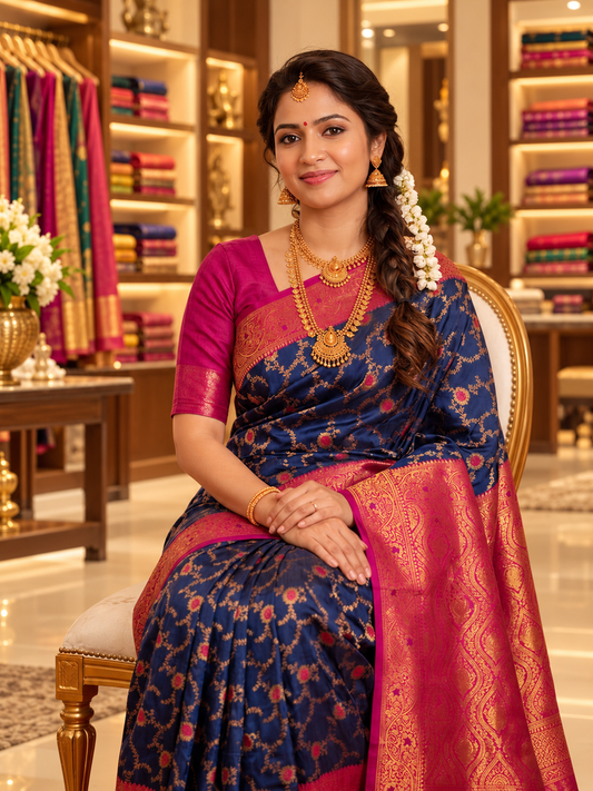 Aadhira Navy Blue Royal Paithani Silk Saree with Exquisite Golden Zari Weaving