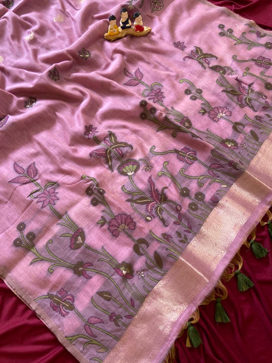 Ridhima - Dusty Pink Resham Woven Soft Muga Cotton Saree