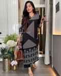 Mustard Cotton Black V-Neck Printed Kurta Pant Set for Women