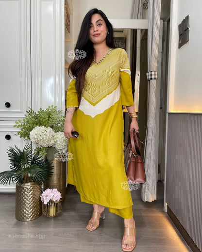 Mustard Cotton Yellow V-Neck Printed Kurta Pant Set for Women