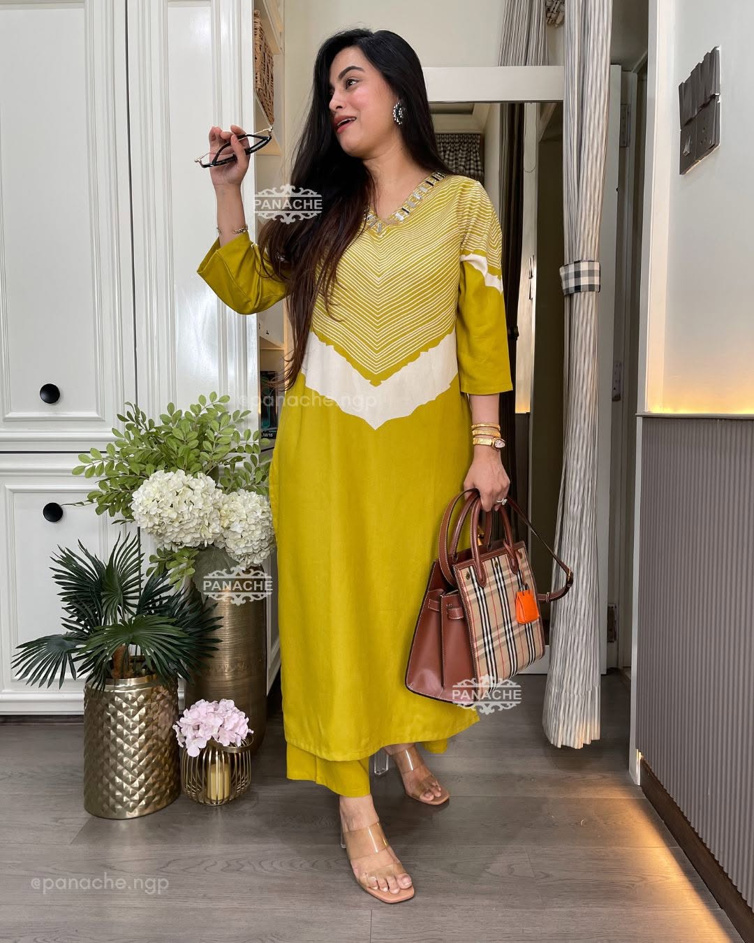 Mustard Cotton Yellow V-Neck Printed Kurta Pant Set for Women