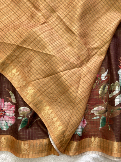 Mridula Coffee-Gold Floral Print Soft Tussar Silk Saree