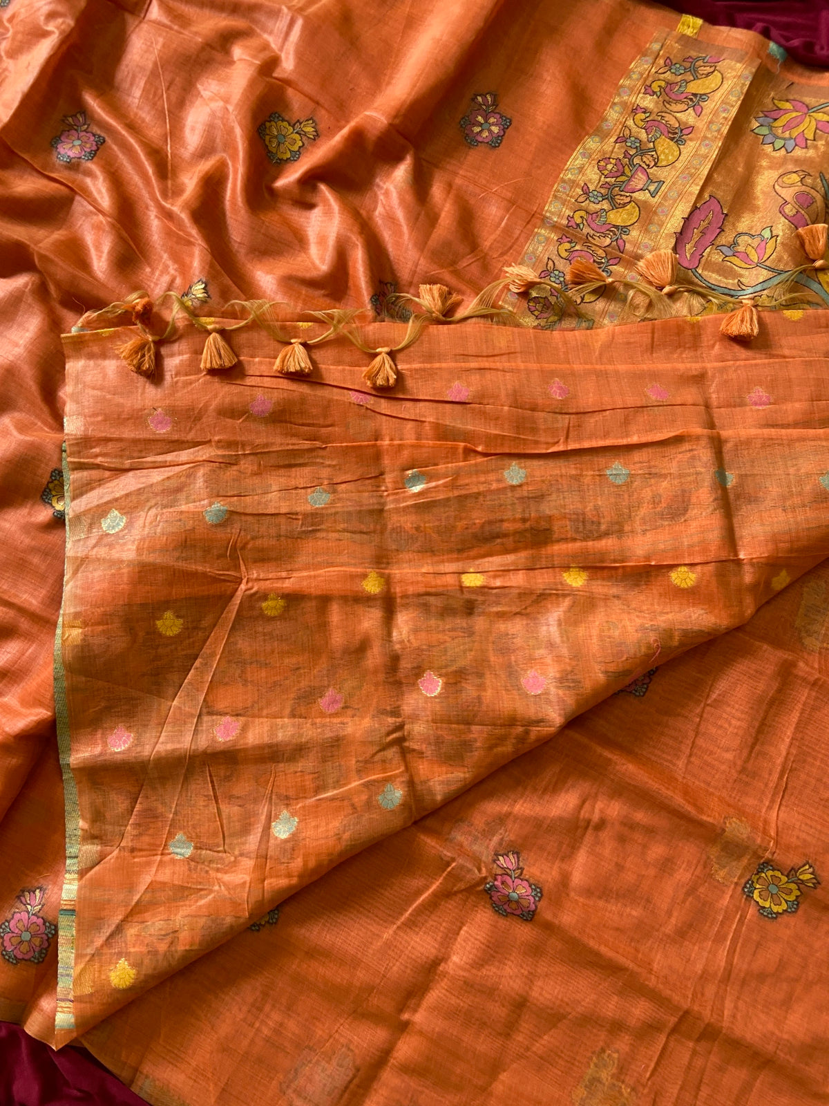 Anvika - Sunset Orange Soft Muga Cotton Paithani Saree
