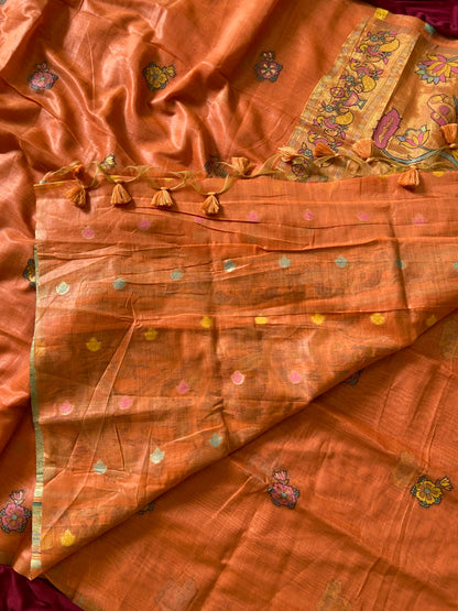 Anvika - Sunset Orange Soft Muga Cotton Paithani Saree