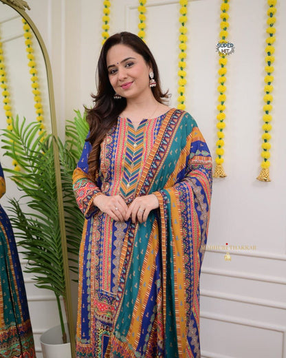 Premium Royal Multi-Color Muslin Printed Suit Set with Dupatta
