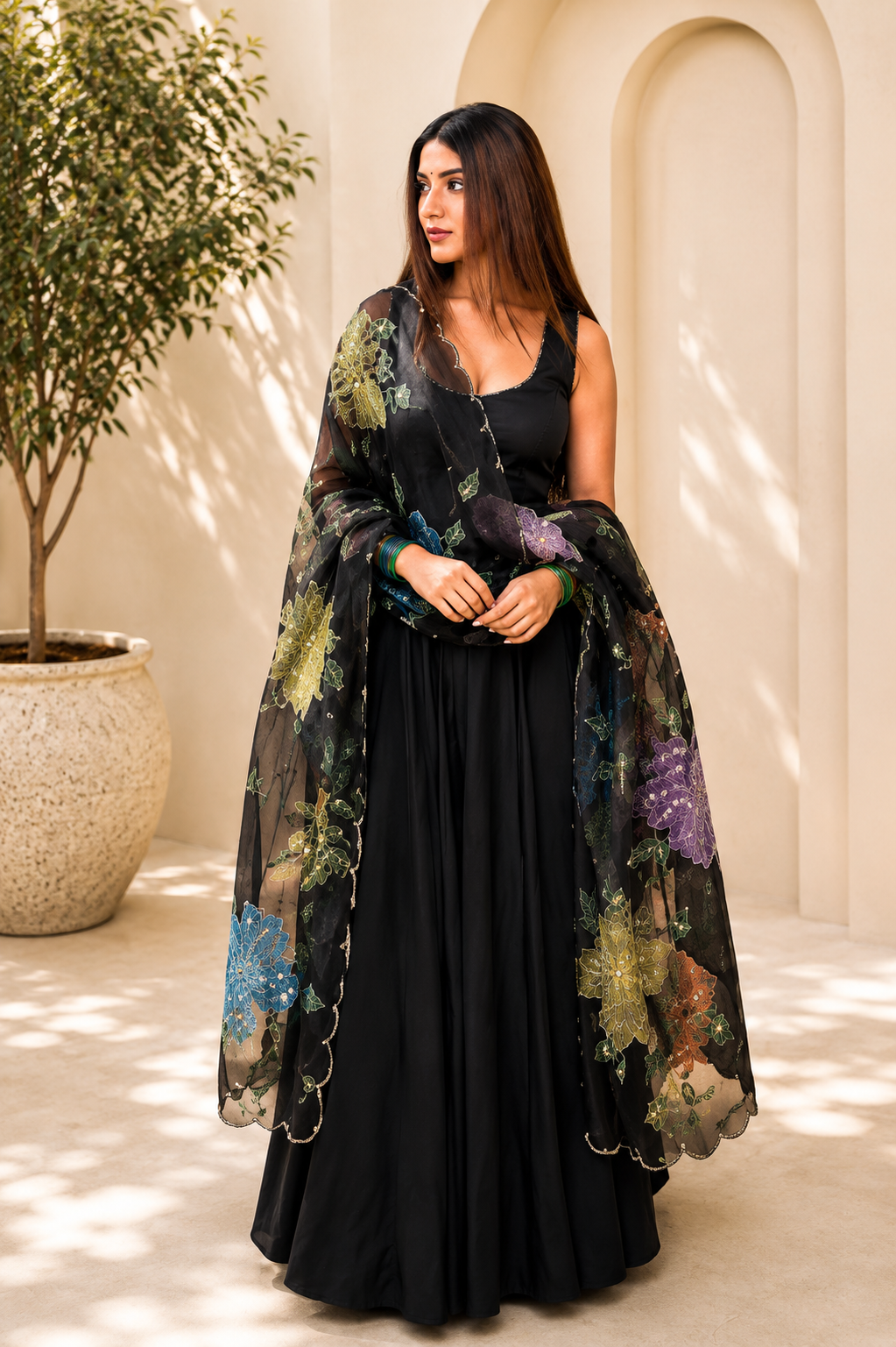 Premium Black Natural Crepe Anarkali Suit Set With Colorful Floral Dupatta
