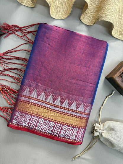 PURPLE DUAL TONE TEMPLE DESIGNE HANDLOOM TISSUE COTTON SAREE