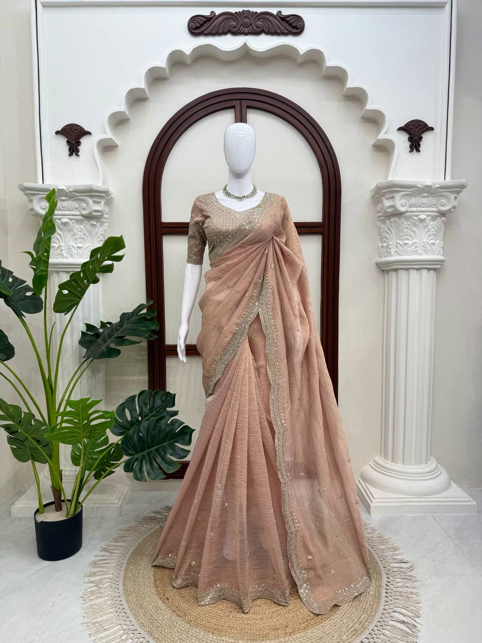New Designer Rose Gold Tissue Salsa Crush Saree
