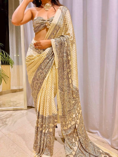 Vamika Ivory Ajrakh Handcrafted Pure Gajji Silk Saree