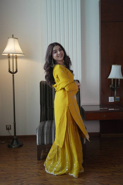 Designer Mustard Yellow Embroidered Fox Georgette Suit Set