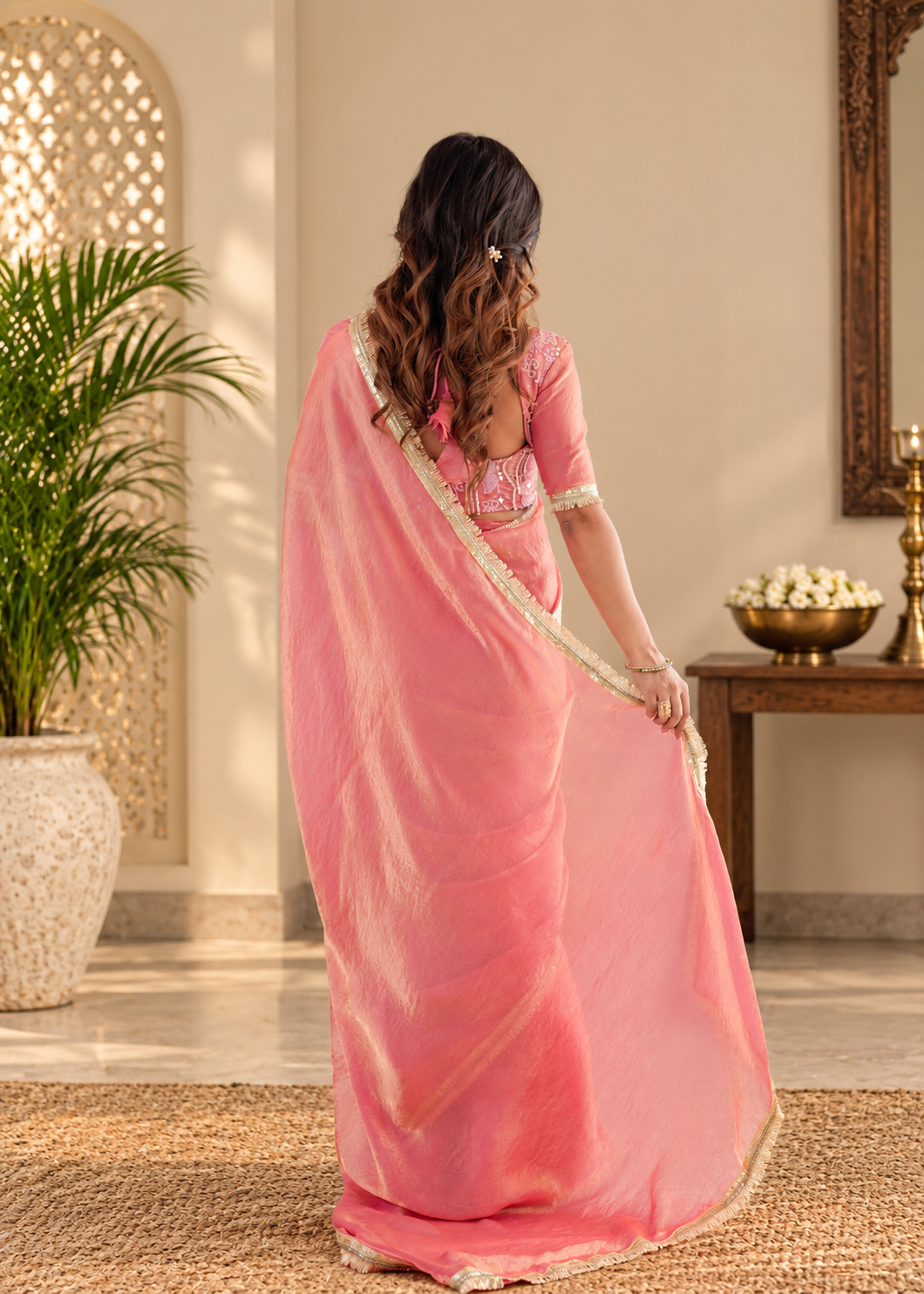 Elegant Rose Pink Fendy Silk Saree With Fancy Lace Work