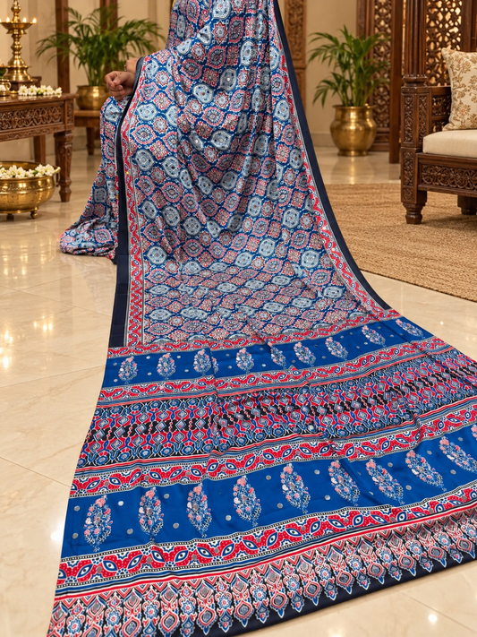 Traditional Indigo Blue Ajrakh Print Gajji Silk Saree with Mirror Work