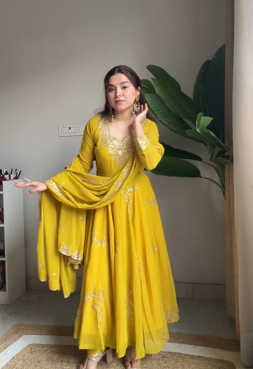 Designer Yellow Fox Georgette Anarkali Suit Set