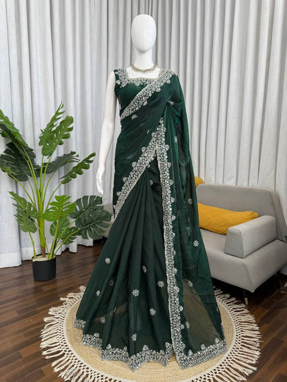 Elegant Emerald Green Fendy Silk Saree