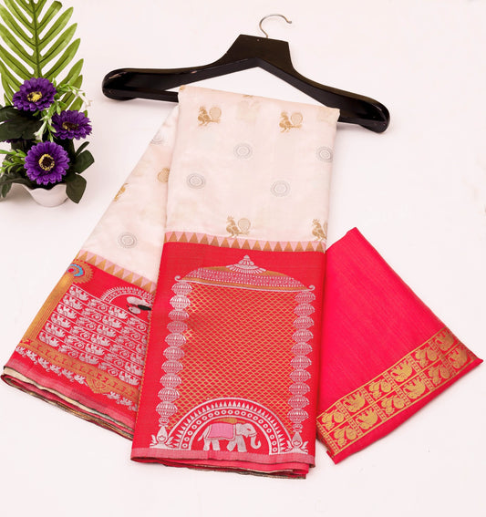 White & Red Soft Banarasi Silk Saree With Zari Weaving Work