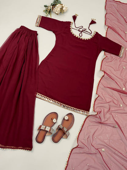 Very Beautiful Maroon Heavy Faux Georgette Sharara Suit Set