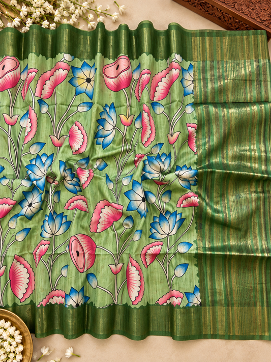 Avelina Sage Soft Tussar Silk Saree with Artistic Floral Print