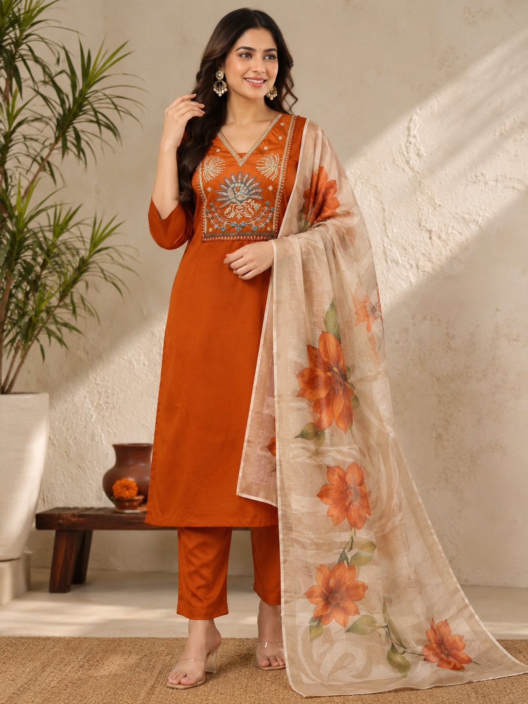 Elegant Rust Premium Roman Silk Embroidered Suit Set with Floral Dupatta