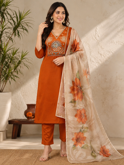 Elegant Rust Premium Roman Silk Embroidered Suit Set with Floral Dupatta