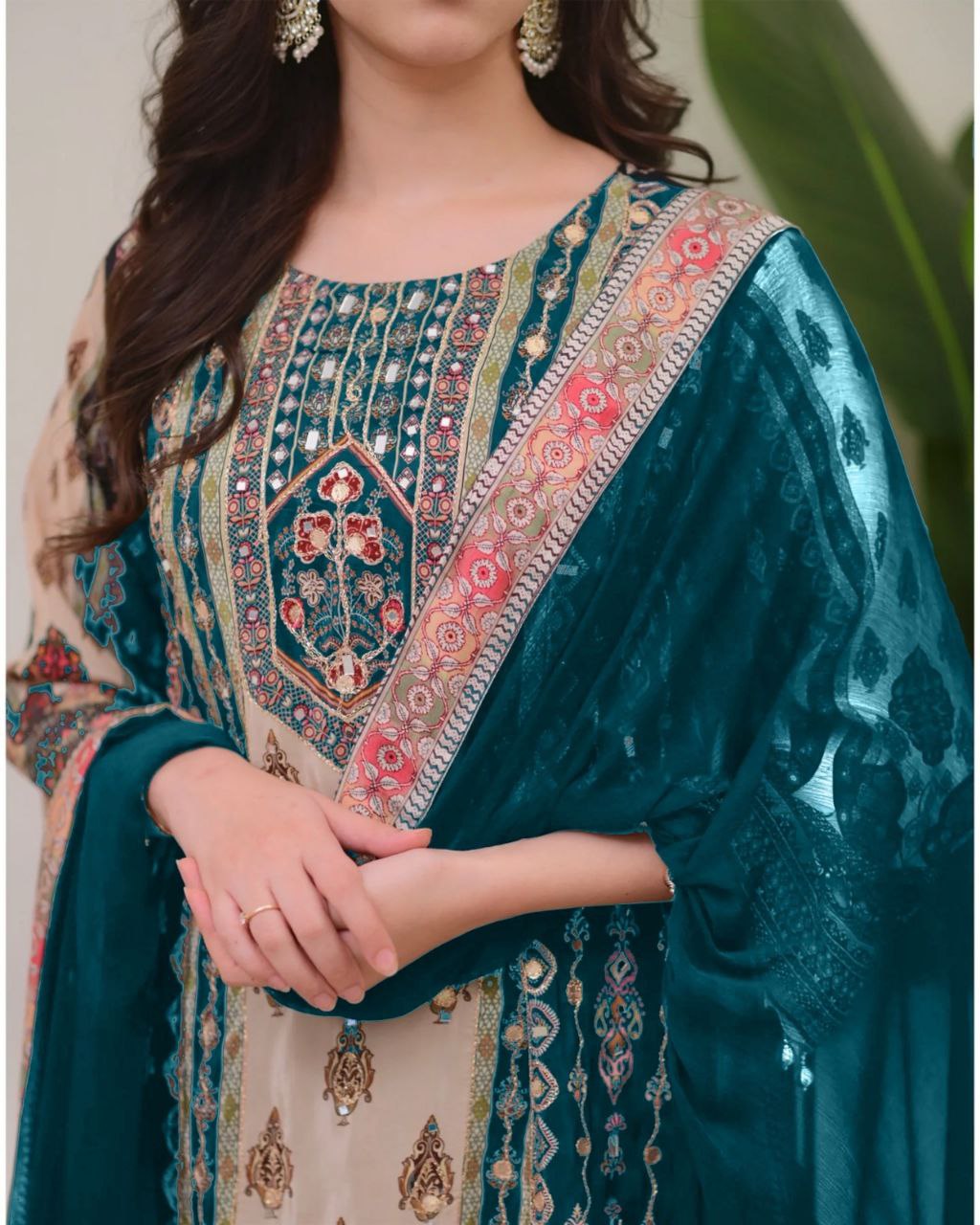 Royal Teal & Beige Printed Model Satin Suit Set with Fancy Mirror Work