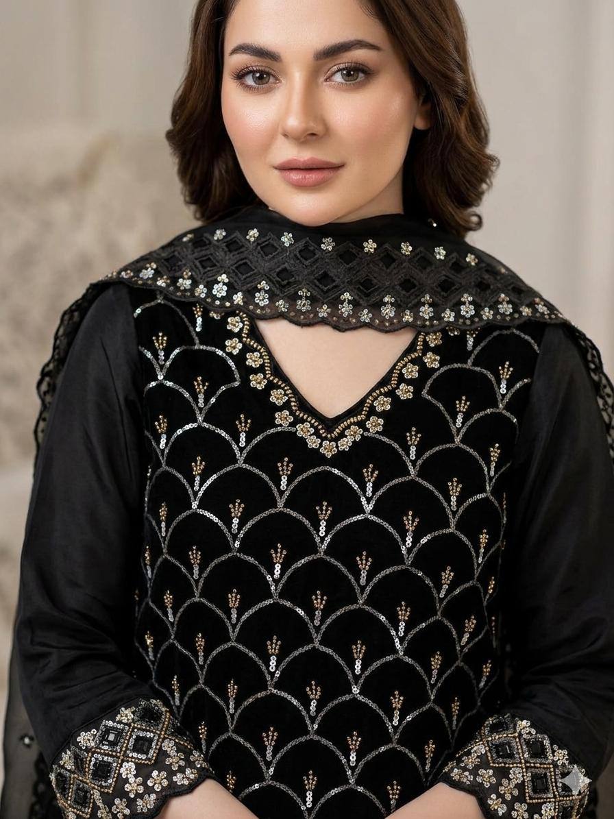 Elegant Black Embroidered Fendy Fabric Sharara Set with Sheer Dupatta