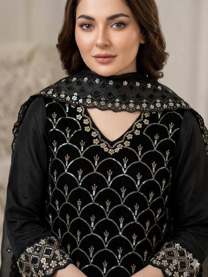 Elegant Black Embroidered Fendy Fabric Sharara Set with Sheer Dupatta