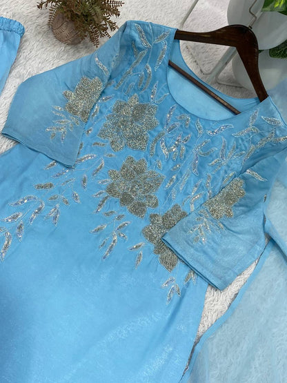 Attractive Blue Crunchy Silk Sequence Embroidery Anarkali Suit Set
