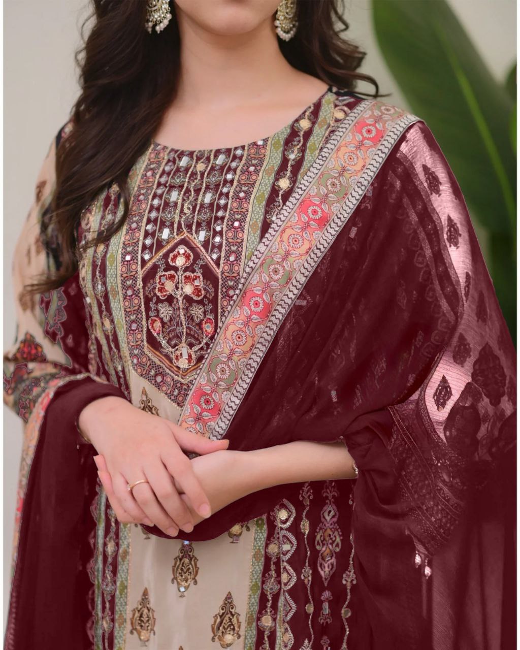 Designer Wine & Beige Shimmer Suit Set with Fancy Mirror Work